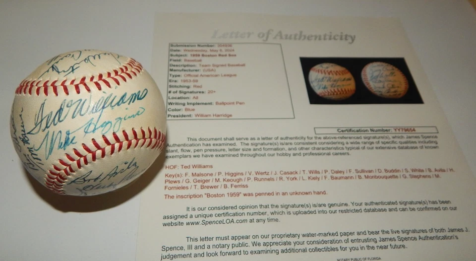 TED WILLIAMS Signed Autographed 1959 Boston Red Sox Team Baseball JSA Letter - Image 2 of 4