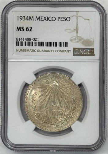 1934M Mexico Silver Un Peso NGC MS62