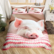 Pink Pig Duvet Cover for Boys,Girls Sleeping Pig Bedding Full Size,Red Stripe...