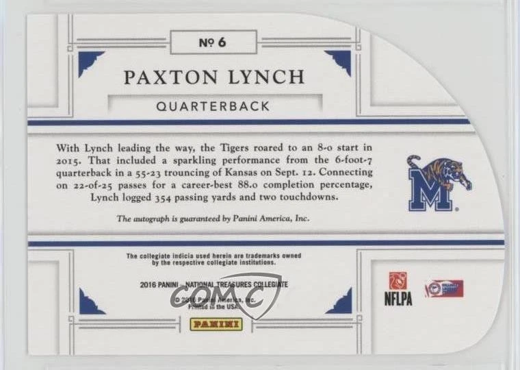 2016 Panini National Treasures Collegiate /99 Paxton Lynch #6 Rookie Auto RC - Image 2 of 2