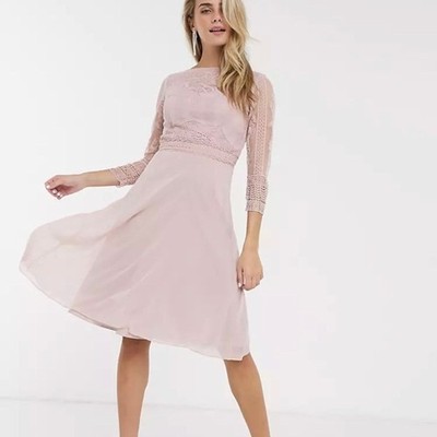 Chi Chi Tatumm lace detail midi dress in mink. Size UK 14. Size US 10  