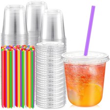 100 Pack Clear Plastic Cups With Flat Lids and Straws Disposable Drinking Cup...