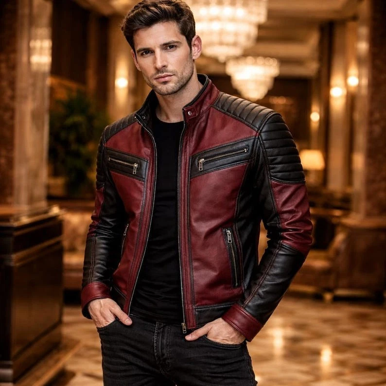 Mens Real Leather Biker Jacket Handmade Black Red Motorcycle Jacket
Opens in a new window or tab