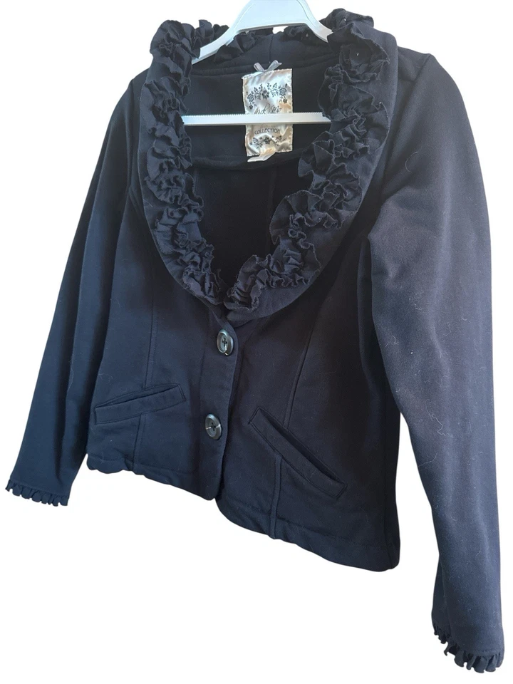 Nick And Mo Woman’s Size Large Black Ruffled Shal Collar Jacket Boho City - Image 2 of 4