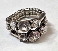 New Silver-Tone Stretch Statement Cocktail Ring Clear Rhinestones Glam Boho