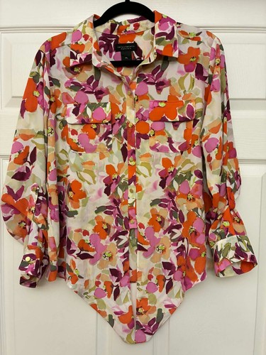 Investments Petites Blouse Womens PL Floral Button Front Long Sleeve Polyester T