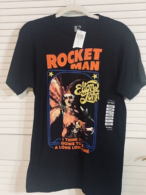 Elton John Rocketman T-Shirt – Official Mens Black Tee With Feather Suit Logo, Size XL