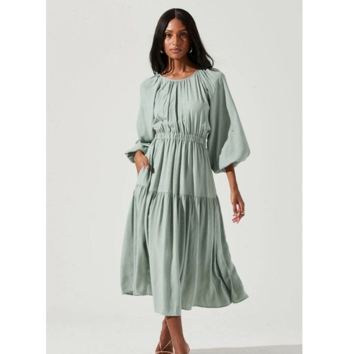 sage green long sleeve midi dress ASTR Cutout in SIZE S deep V dress