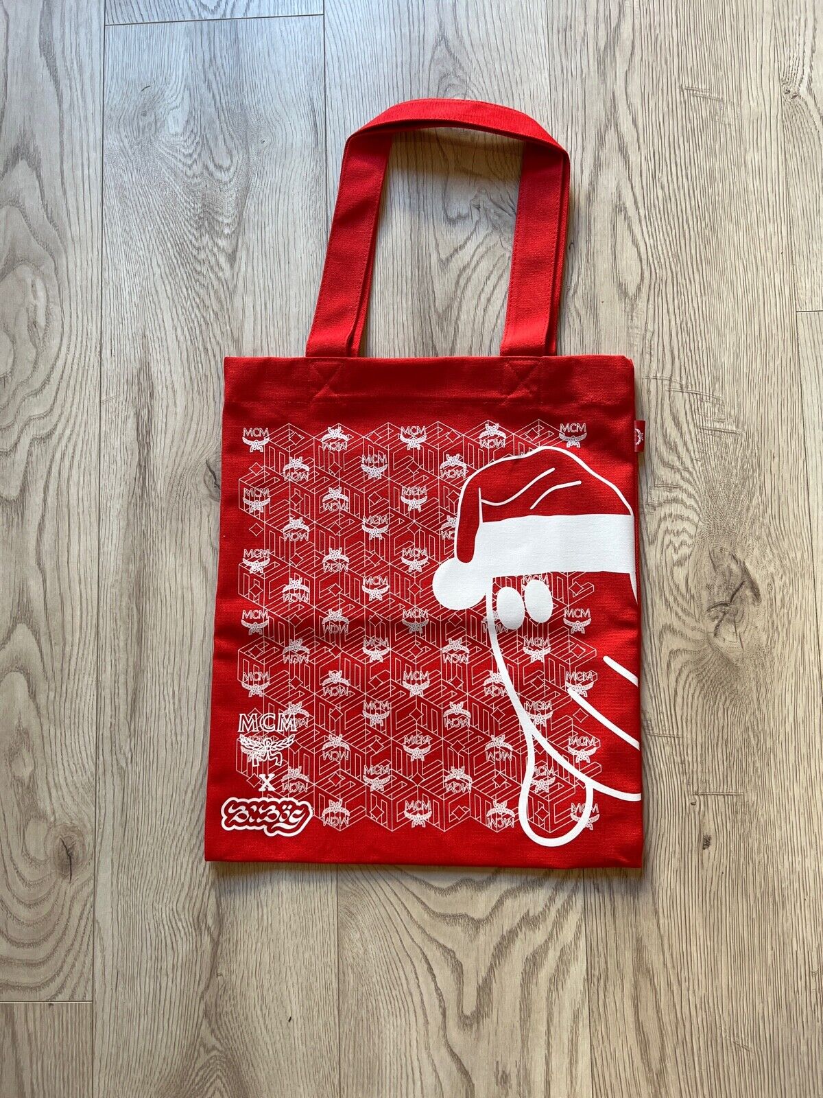 Authentic MCM Red & White Visetos Monogram Cloth Shoulder Tote Bag NEW!