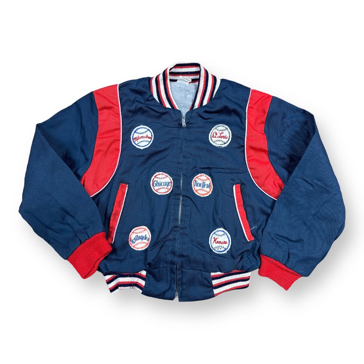 Vtg 50s 60s blue baseball bomber jacket with MLB patches Vtg 50s 60s blue baseball bomber jacket with MLB patches