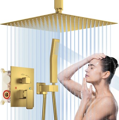 Shower System, HotQing 12'' High Pressure Gold Shower Head with Rain Handheld