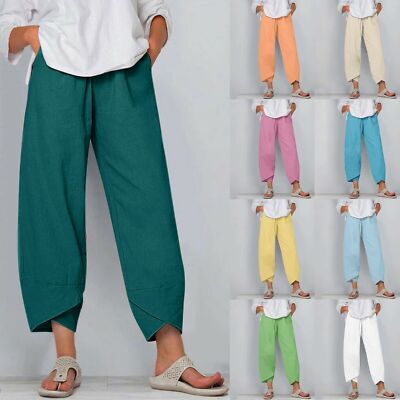 Summer Womens Ladies Cotton Linen Baggy Casual Comfort Pants Trousers Plus Size