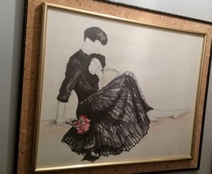 Détails Sur Grand Dessin Feutre Femme Assise Fleurs En Robe Encadré Signé Devant Moderne