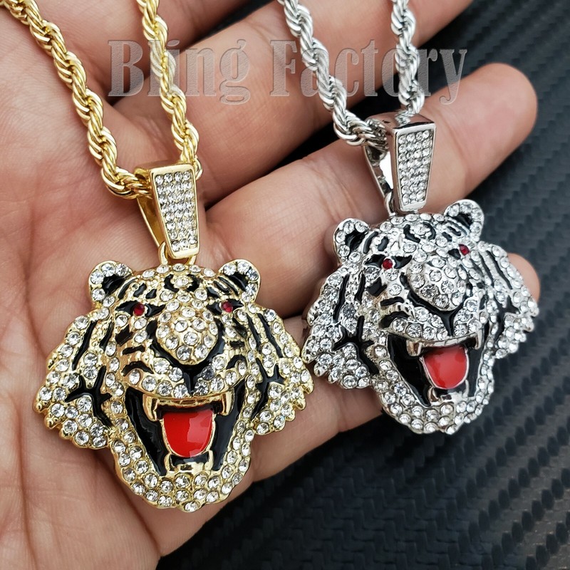 Hip Hop Cubic Gold Plated Alloy Tiger Pendant 24" Rope Chain Necklace - Product main view