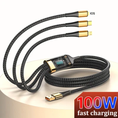 3-in-1 100W 5A Fast Charging USB To Type-C Micro Fast Charger Cable For iPhone - Image 1 of 4