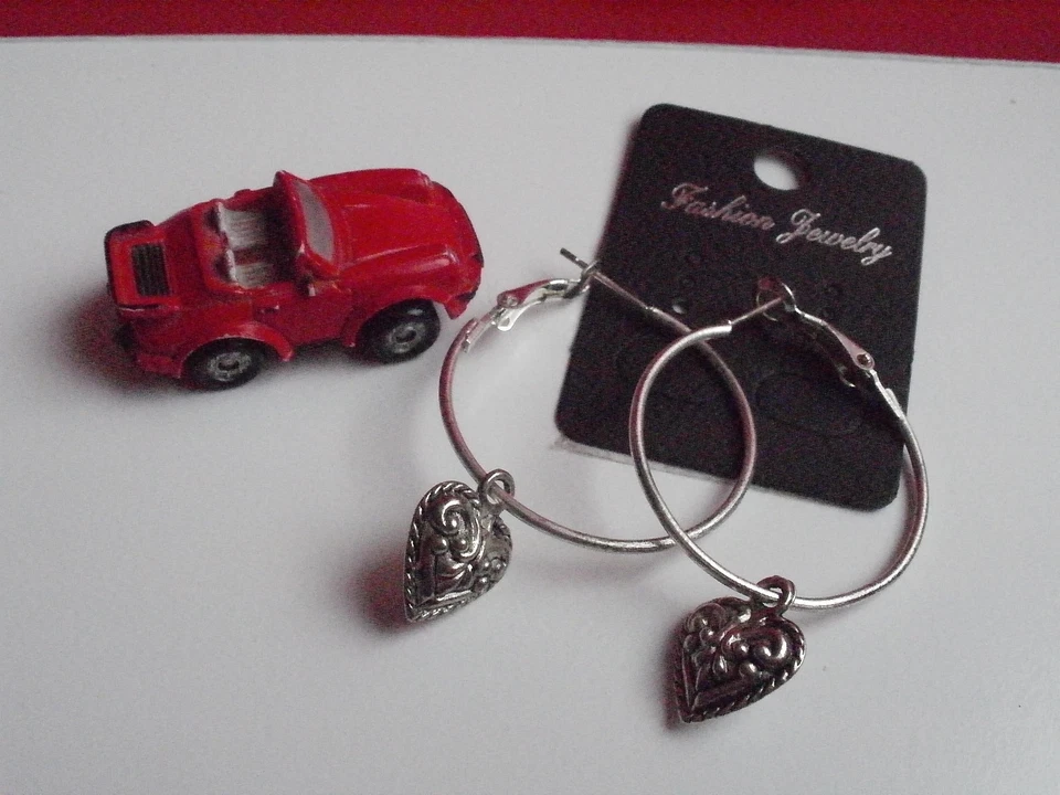 QTY LIMITED FASHION HEART Earring Silver Ton Large Round Hoop Dangle Pendant LOV - Image 2 of 4