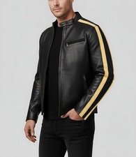 Men’s Vintage Black Leather Jacket Yellow Sleeve Stripes Cafe Racer Moto Biker
