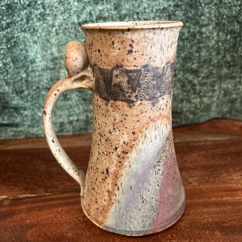 Vintage Signed Studio Pottery Tall Mug Unique Glaze Pattern Hand Thrown 18oz