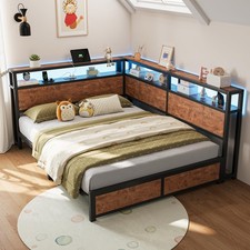 Corner Bed Frame with Headboard and Storage Bookcase Queen Size LED  Charging