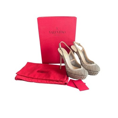 Valentino Garavani Women s Rockstud Neutrals Lattice Mesh Studded Beige Heels 37