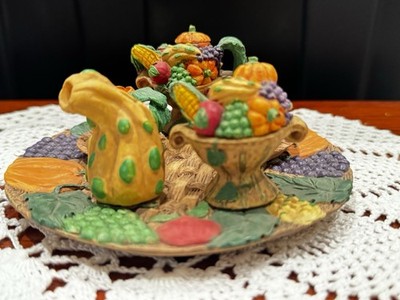 1995 Young s Inc Miniature Tea Set Fall Harvest Pumpkin Cottagecore Tiered Tray