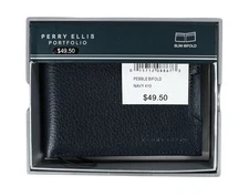 Perry Ellis Saffiano Pebbled Faux Leather Slim Bi-Fold Wallet w/Card Slots NWT