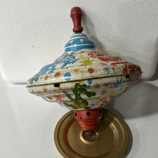 Vintage Ohio ART Spinning Top Tin Toy Litho Circus Zoo Animal Red Wooden Knob