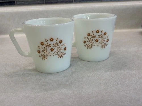 2 VTG milk glass COFFEE CUPS mugs Summer Impressions Pyrex flowers "D" handles