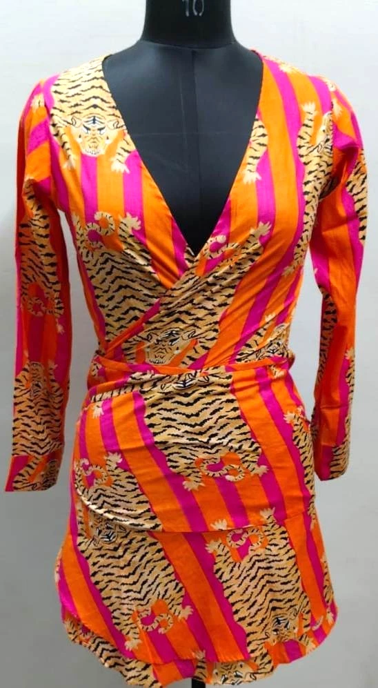 Indian hand block Tiger Print Cotton Wrap Dress beach wear dress gift for her.