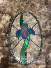 Beautiful Stained Glass Royal Blue Iris Oval Sun Catcher Window Hanger 12 1/2"