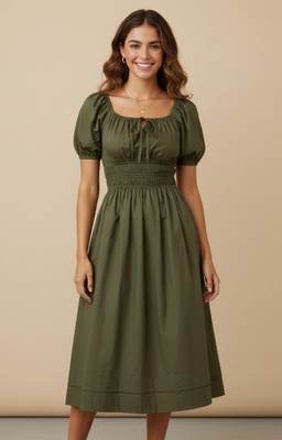 Estellina New York Smocked Midi Dress S NWT Puff Sleeve Olive Cotton