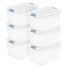 Sterilite 64 Qt Clear Plastic Stackable Storage Bin w/ White Latch Lid, (6 Pack)