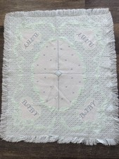 Vtg Pastel Green Blue White Heart Bow Tapestry Fringe Woven Baby Blanket  BABY  