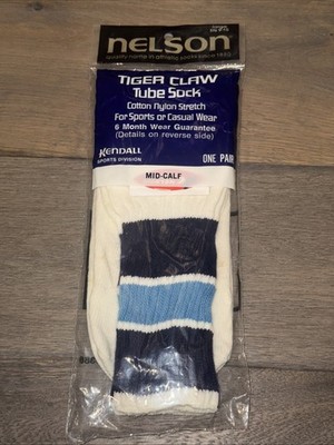 Vtg 80's Nelson Sport Tiger Claw Tube Socks Striped Mid Calf 9-15 Large BLUE
