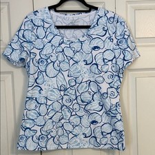 TALBOTS The Talbots Tee Size Large Cotton Coastal Shell Blue White Shirt Stretch