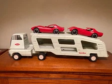 Vintage 18" TONKA Car Transporter (96) Mint Green Pressed Steel, 2 Red Corvettes