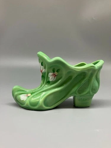 FENTON SIGNED HAND PAINTED FLORAL JADEITE SLAG GLASS SHOE