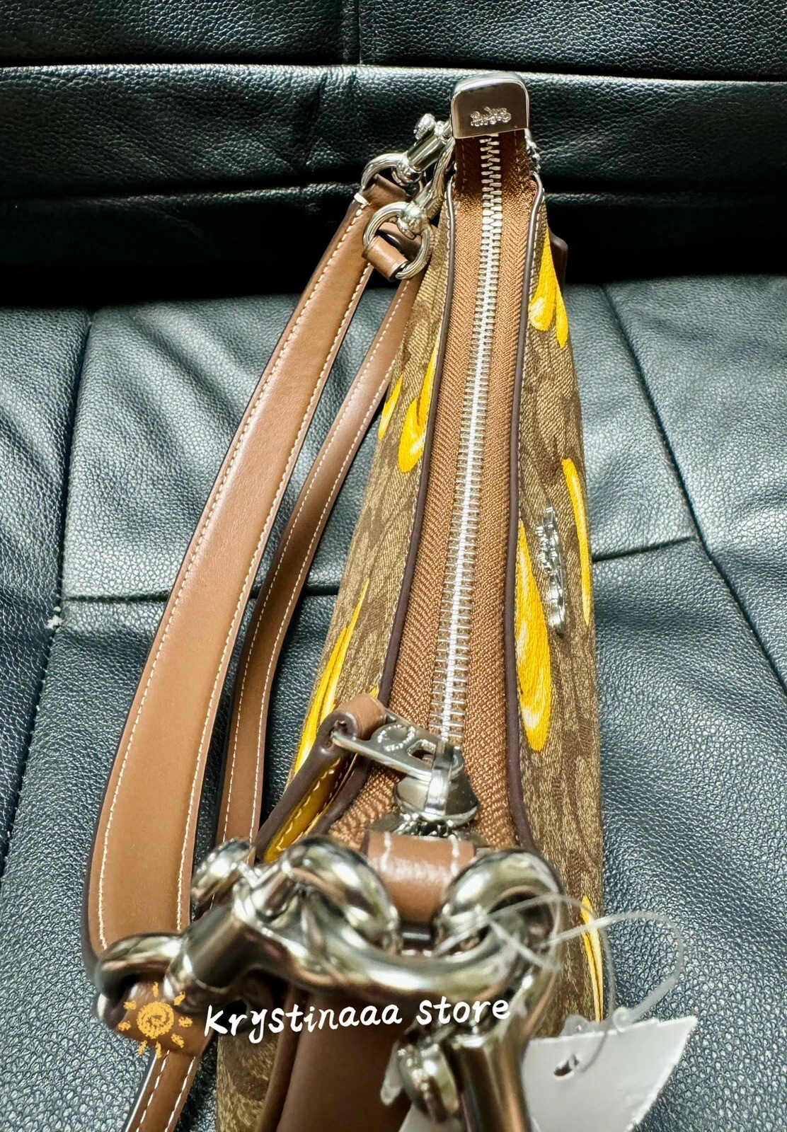 Borsa a tracolla COACH Teri firma tela pelle con stampa banana CR289 nuova con etichette