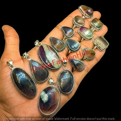 Bulk Natural Fluorite Gemstone Rings/Pendants Lot 925 Sterling Silver Plated