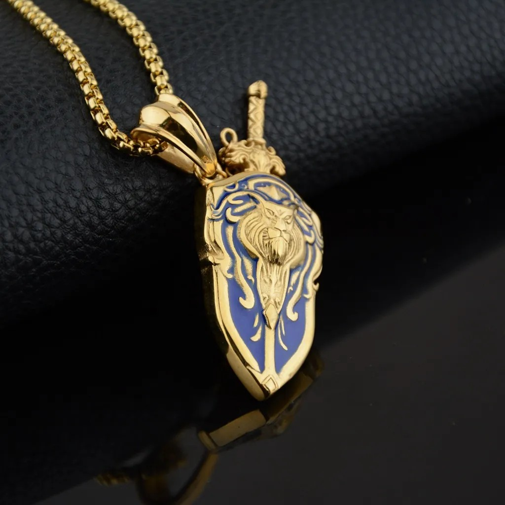 Gold Sword & Lion Shield Pendant Necklace - Royal Blue Enamel Design
