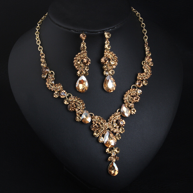 Bridal Crystal Pendant Necklace Earrings Jewelry Set Statement Choker