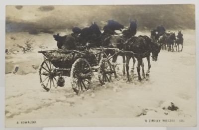 ALFRED KOWALSKI Artist On A Winter Evening Snow Buggy Horses Signed Postcard