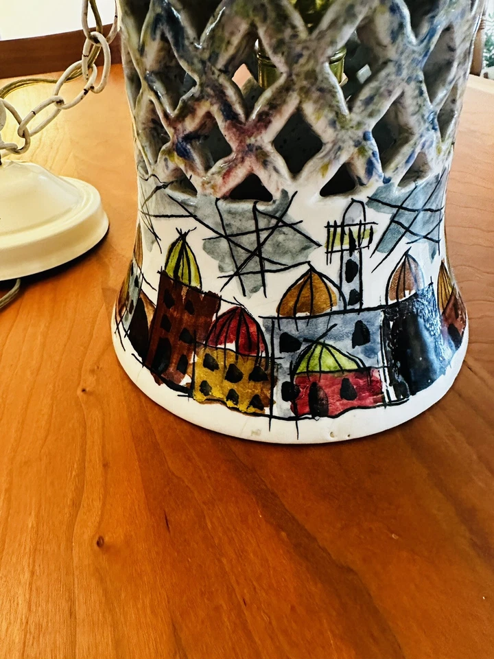 "Luz colgante de cerámica de arte popular de colección Jerusalén Jordan Dabbikeh firmada 7x7x10,5""" Foto 4 de 4