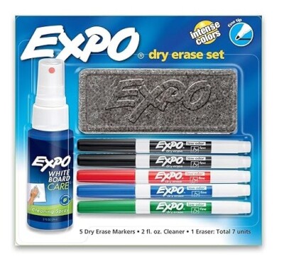 Expo Low Odor Dry Erase Marker Set with White Board Eraser and Cleaner, Fine Tip