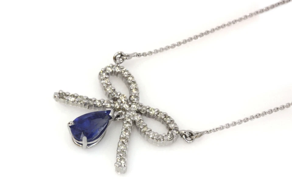 2.5ctw Natural Blue Sapphire & Diamond Solid 18k White Gold Bow Shape Necklace - Image 3 of 4