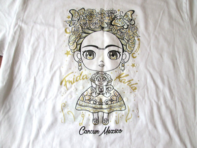 Frida Kahla Cancun Mexico T-Shirt White Size Large Anime-Style Art Graphics NOS