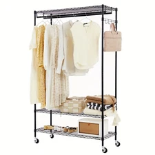 Rolling Clothes Rack Garment Wardrobe with Hanging Rod Side Hook Heavy Duty