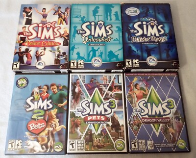 Lot of 6 The Sims - PC - Deluxe Edition-Unleashed-Makin Magic-Pets-Dragon Valley