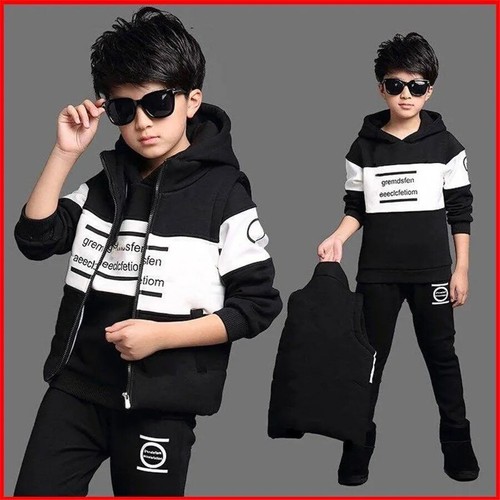 3pcs/set Sports Suit Boys Cotton Hooded Vest T-shirts Pants Teens Warm Clothing - Picture 6 of 25