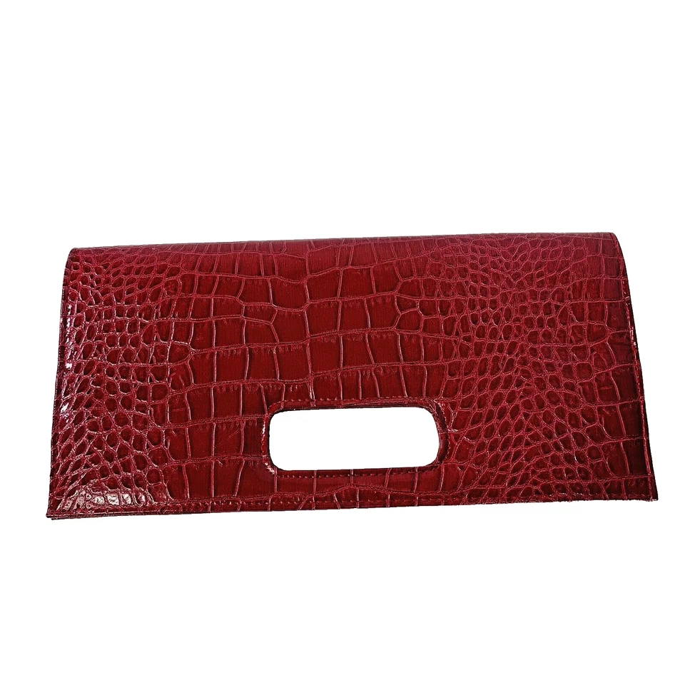 Holiday Red Croc Envelope Clutch Purse Faux Leather Snake Skin Slim New Years - Image 3 of 4